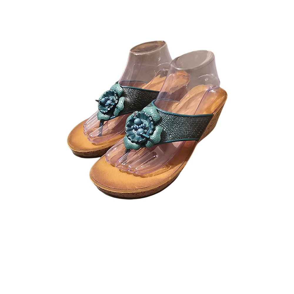 Clarks Sz 9.5 Mimmey Claire Woven Thong Wedge Sandals Teal Raffia Cork